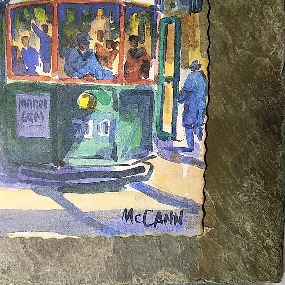 Antique New Orleans Roofing Slate Tile John McCann Street Car Street Scene Print